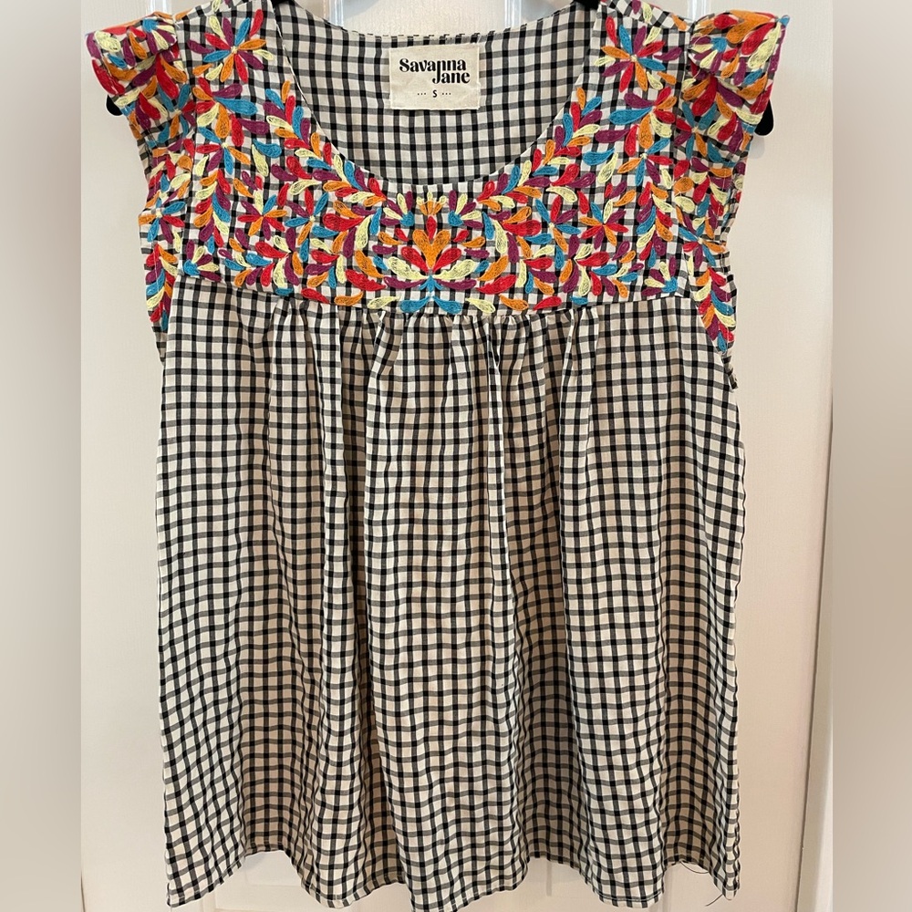 Savanna Jane Black Gingham Top with Multicolor Embroidered Yoke